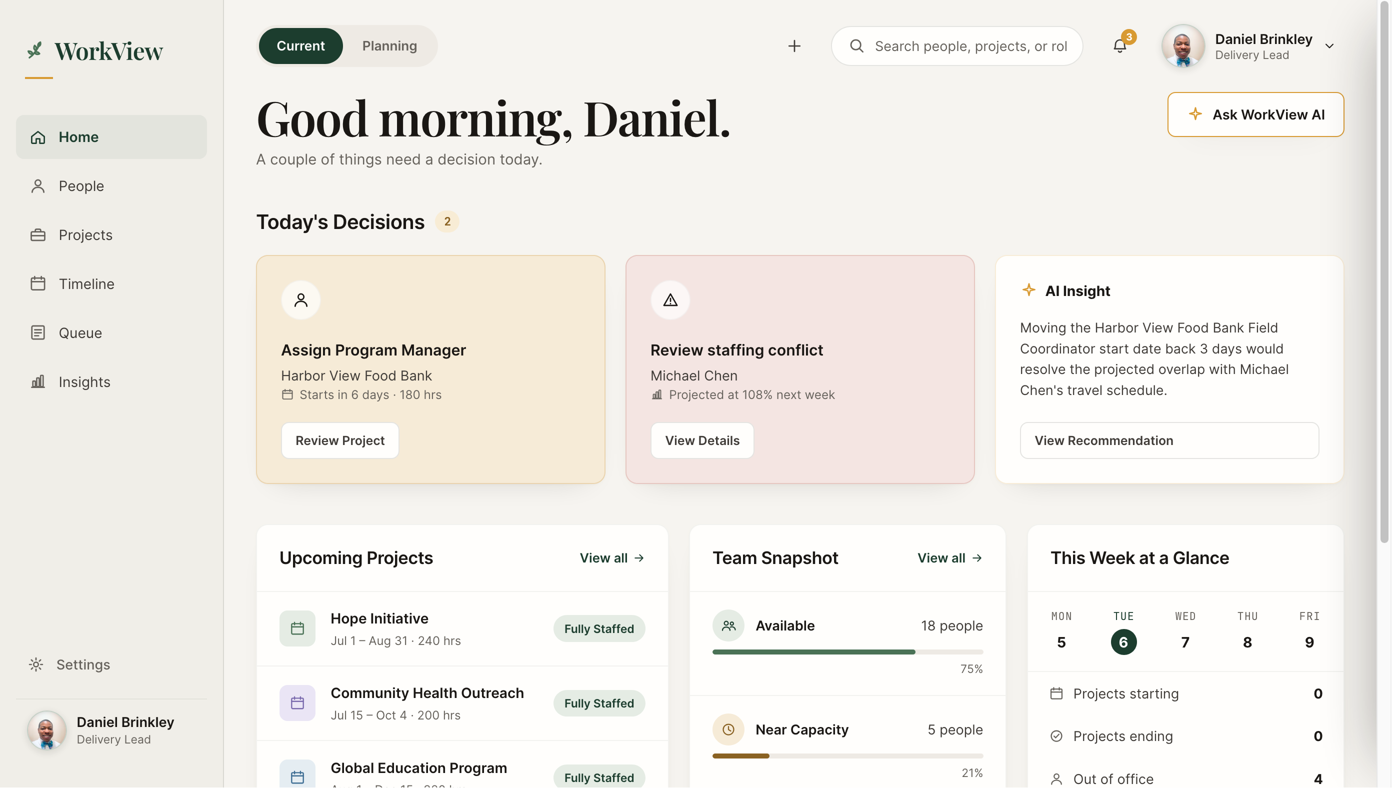 WorkView prototype home screen showing staffing decisions, team capacity, and active projects